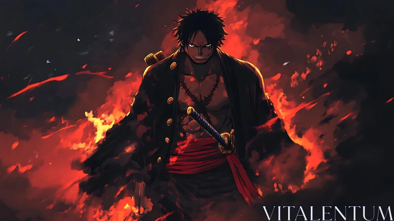 Anime warrior in infernal cloak, high-contrast flame composition.