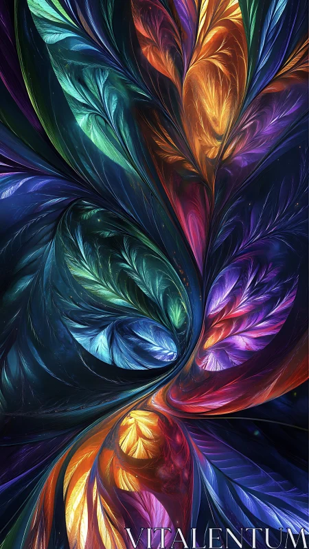 Fractal leaf structures spiral across multicolored abstract field