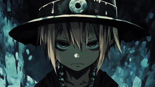 Mysterious young wanderer gazing from a shadowed blue world.