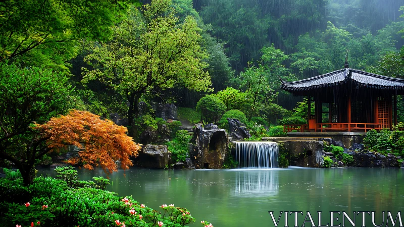 Rain-soaked Japanese garden frames pavilion by waterfall