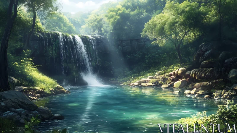 Sunlit forest waterfall over rocky ledge into turquoise pool