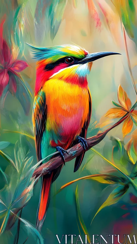 Neon-plumed jungle songbird perched in painterly twilight.
