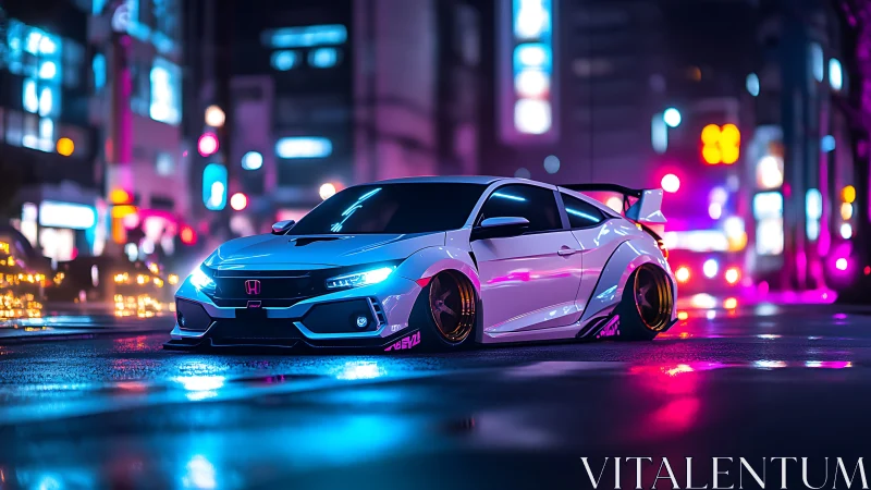 Neon-lit tuned Honda Civic in glossy wet night streetscape.