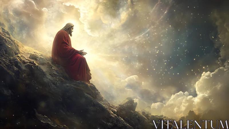 Solitary robed figure on rocky slope under radiant sky.