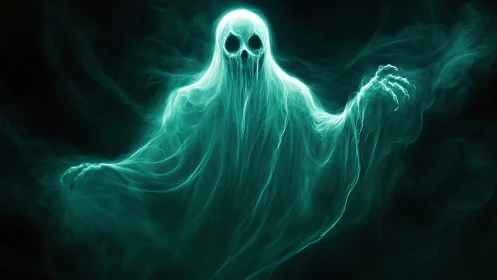 Luminous spectral wraith emerging from swirling teal mist.