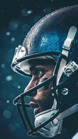 Gridded portrait of focused football player in rain-soaked helmet.
