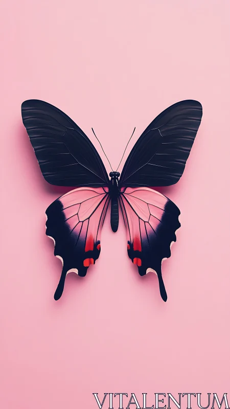 Graceful pink and midnight butterfly on soft pastel ground.