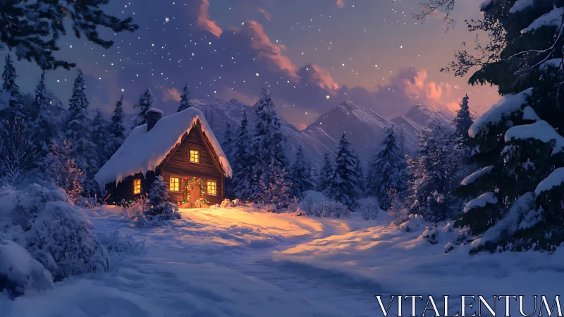 Cozy winter cabin glows softly beneath a starlit sky.