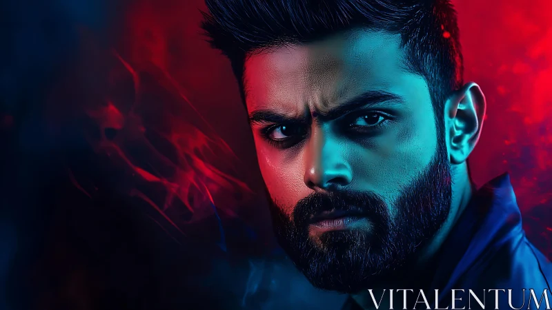 Intense male portrait uses red and blue split lighting