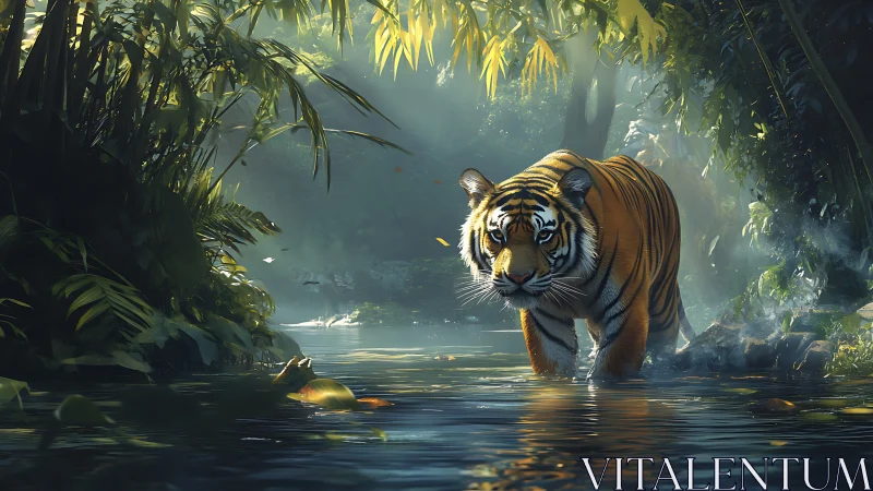 Gentle tiger explores a sunlit jungle stream with quiet grace.