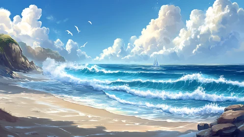 Gentle waves roll toward a sunny beach under soft clouds