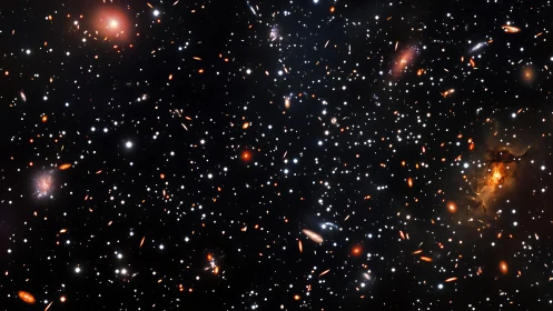 Deep galaxy cluster field reveals distant cosmic structures.
