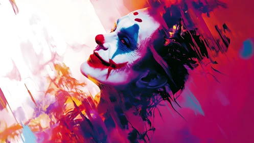 Neon clown portrait dissolving into abstract motion blur.