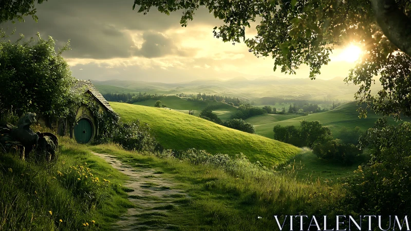 Sunlit hillside cottage and winding path to quiet green valleys.