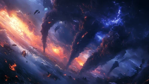 Cosmic storm vortexes tearing through burning sky.