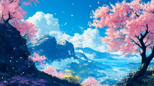 Blossom-filled mountains cradle a dreamy blue valley view