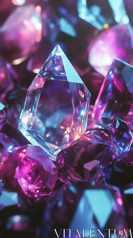 Faceted crystal cluster with mixed violet and cyan light.