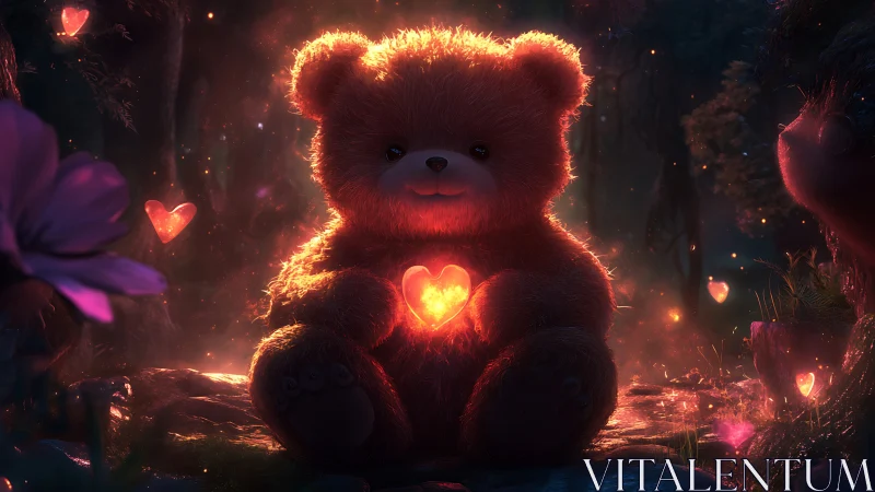 Glow-hearted forest teddy quietly cradles its midnight sun