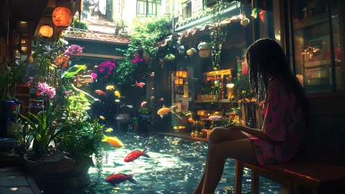 Nocturnal courtyard koi field with volumetric light refractions.