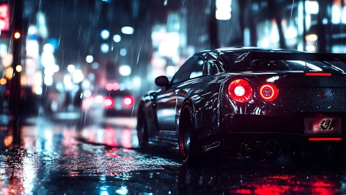 Neon-soaked sports coupe under dynamic nocturnal rainfall.