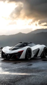 Futuristic white concept supercar sits on wet asphalt track