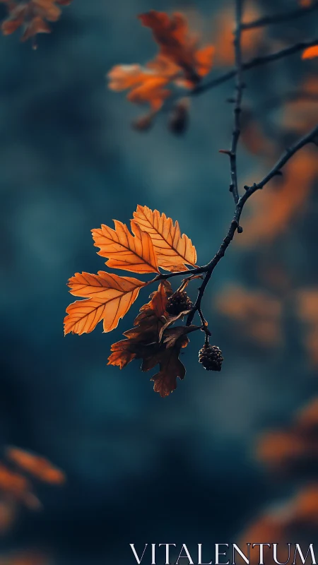 Orange autumn leaves on branch against soft blue blur.