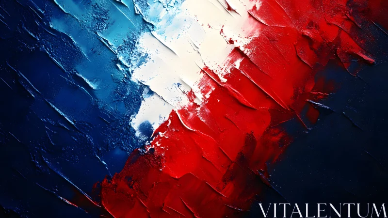 Abstract textured painting of red, white, and blue brush strokes.