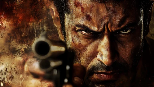 Grit and focus in a tense, cinematic close-up stare.