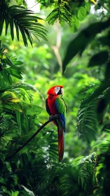 Scarlet macaw perched amid dense tropical foliage.