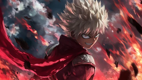 White haired anime fighter turns in midair amid falling embers