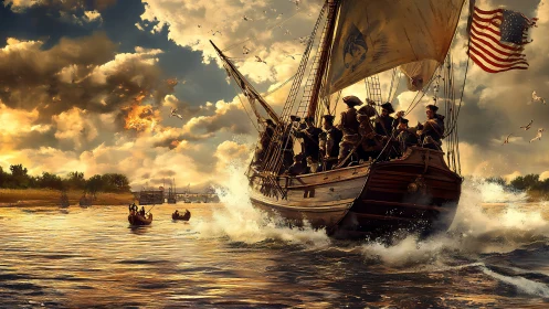 Sunlit patriots riding the waves on a stormy bold voyage.