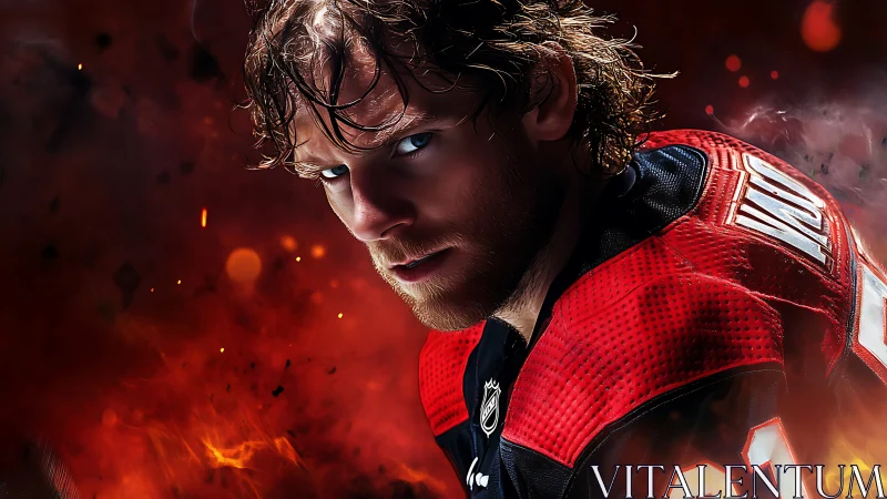Intense hockey player portrait ignites in fiery red haze