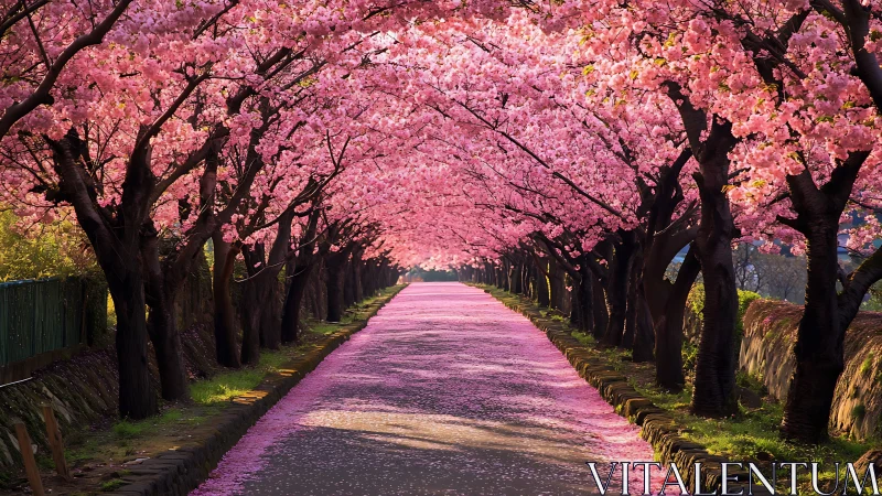 Cherry blossom lined road forming pink floral tunnel.