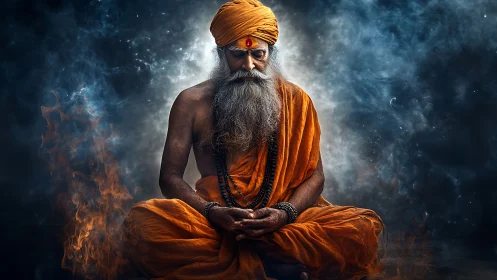 Mystic orange-robed sage meditates amid swirling smoke and fire