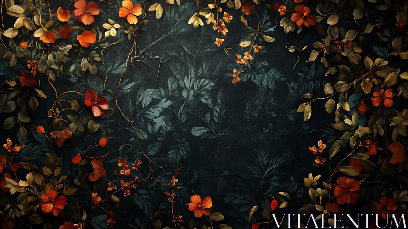 Dark Floral Composition with Red and Gold Blooms.