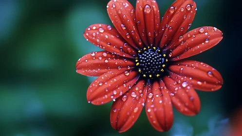 Red daisy-type flower with water droplets on petals.