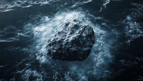 Isolated sea rock in swirling dark blue ocean waters.