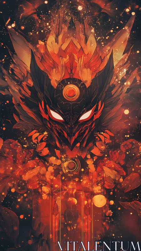 Infernal mechanoid deity rendered with radial fiery symmetry and runes