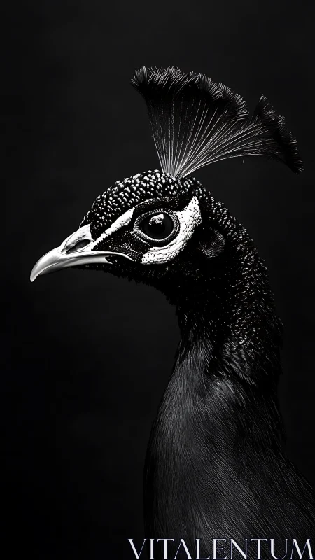 Monochrome peafowl head study with high-contrast microtexture.