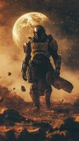 Armored space soldier walking on burning alien ground.