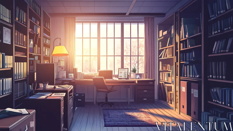 Study workspace with bookshelves and large window at dusk.