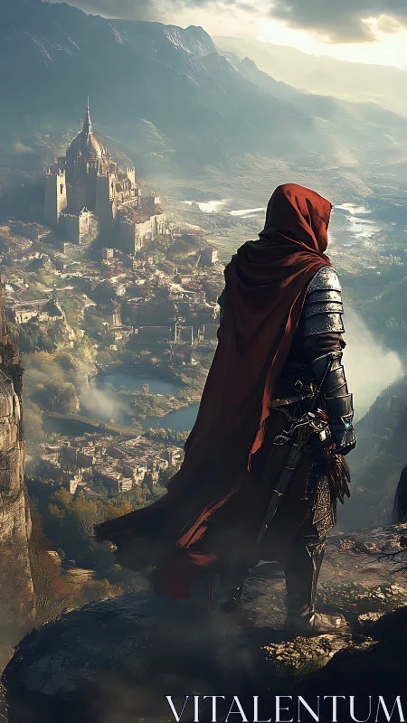 Armored scout surveying fortified valley capital from escarpment.