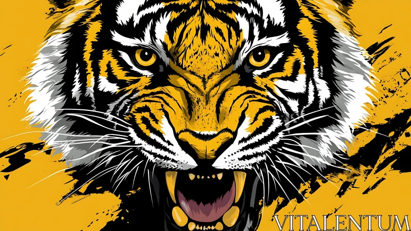 Stylized frontal tiger head with open jaws on yellow field.