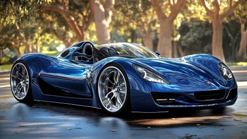 Blue concept supercar parked on a sunlit tree-lined road.