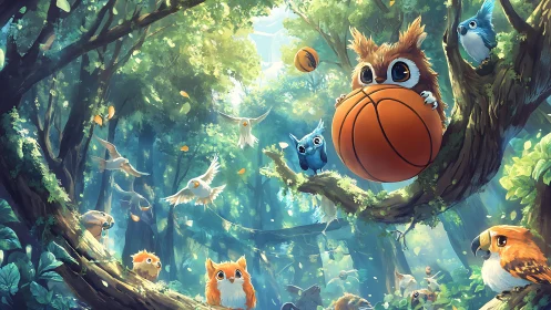 Owls with oversized basketballs interact in a bright forest canopy