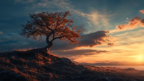 Solitary wind-shaped tree crowns a rocky hill at sunset