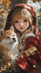 Red-hooded girl cradles fox-like dog in warm autumn forest.