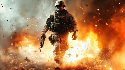 Armored soldier advancing through fiery battlefield blast.