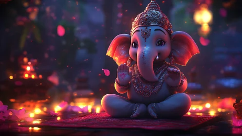 3D chibi Ganesha idol on ritual mat with bokeh lighting.