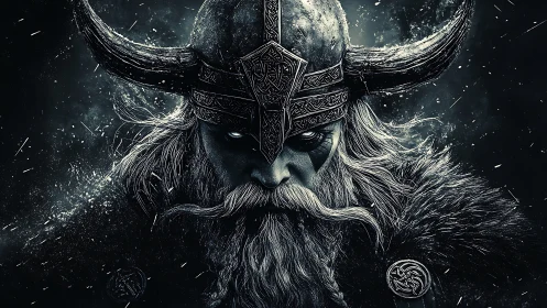 Storm-lit viking warlord portrait in icy monochrome fury.